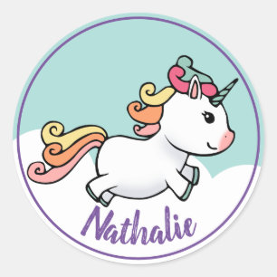 Cute unicorn with name classic round sticker