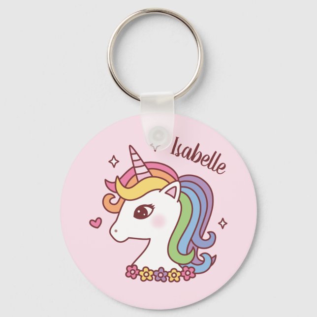 Cute Unicorn with Rainbow Mane Doodle Girls Name Keychain (Front)