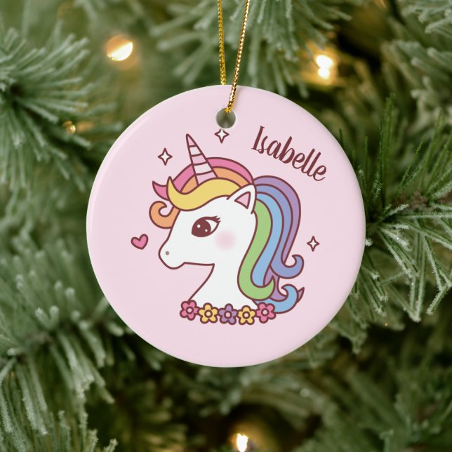 Cute Unicorn with Rainbow Mane Kids Personalized Ceramic Ornament (Tree)