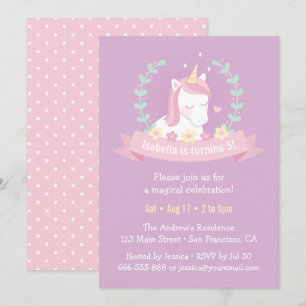 Cute Unicorn Wreath Floral Girls Birthday Party In Invitation