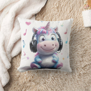 Cute Unicorne avec écouteurs Lancer oreiller