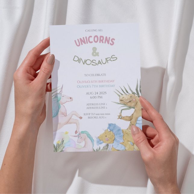 Cute unicorns and dinosaurs joint sibling birthday invitation (Creator Uploaded)