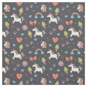Cute Unicorns and Rainbows Midnight Blue Pattern Fabric