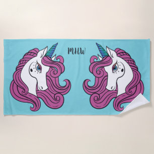 Cute Unicorns custom monogram & colour beach towel