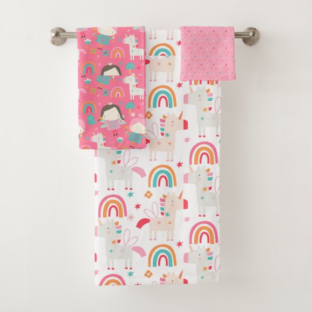 Cute Unicorns Fairies Girly Pattern Bath Towel Set (Insitu)