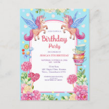 Cute Unicorns Flowers Watercolor Birthday Invitati