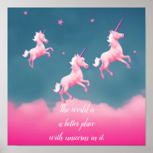 Cute Unicorns Flying Pink Quote Script Poster
