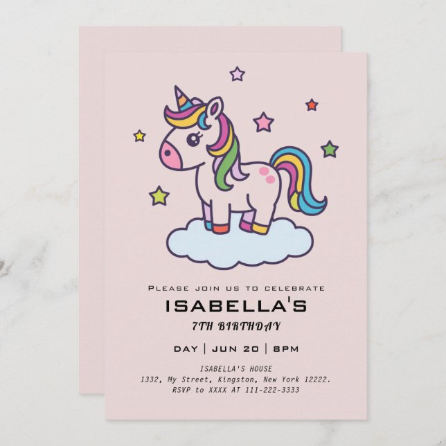 Cute Unicorns Invitation de fête d'anniversaire (Devant / Derrière)