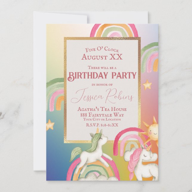 Cute Unicorns on a Rainbows and Stars Invitation (Front)