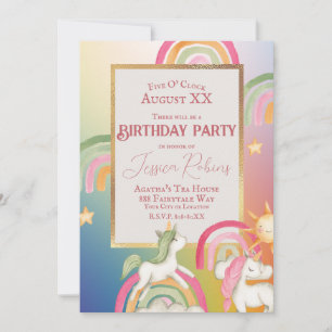 Cute Unicorns on a Rainbows and Stars Invitation