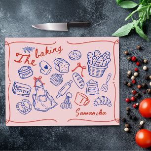 Cute Unique Blue Red Baking Doodles Kitchen Gift Cutting Board