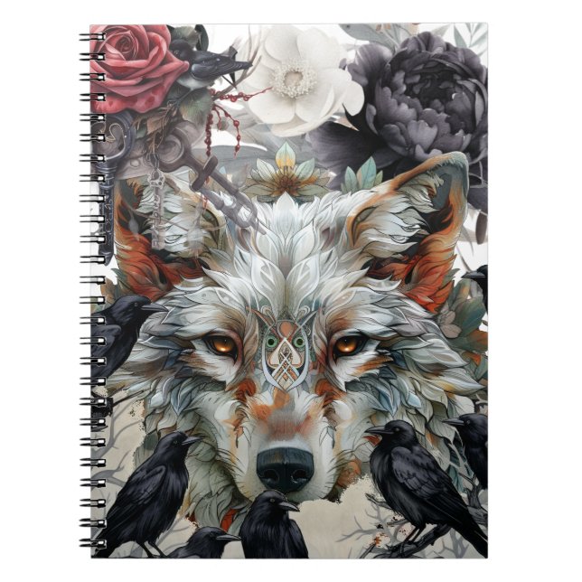 Cute Unique Boho Wolf Raven & Florals Notebook (Front)
