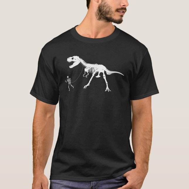 Cute Unique Walking With T Rex Skeleton Gift T-Shirt (Front)