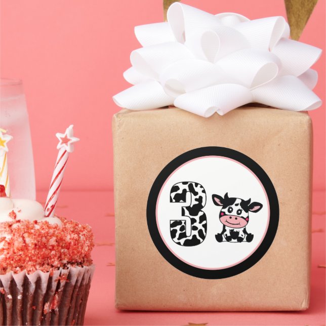 cute unisex age three Birthday cow  Classic Round Sticker (Party)