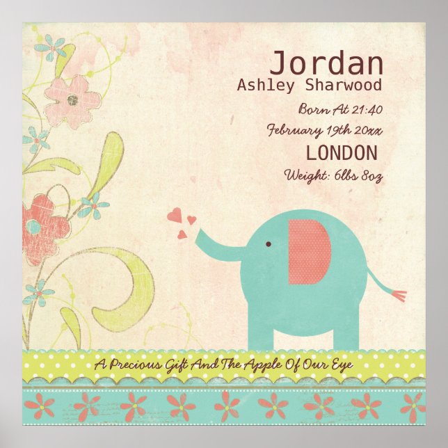 Cute Unisex Baby Birth Date Elephant Nursery Poster (Front)