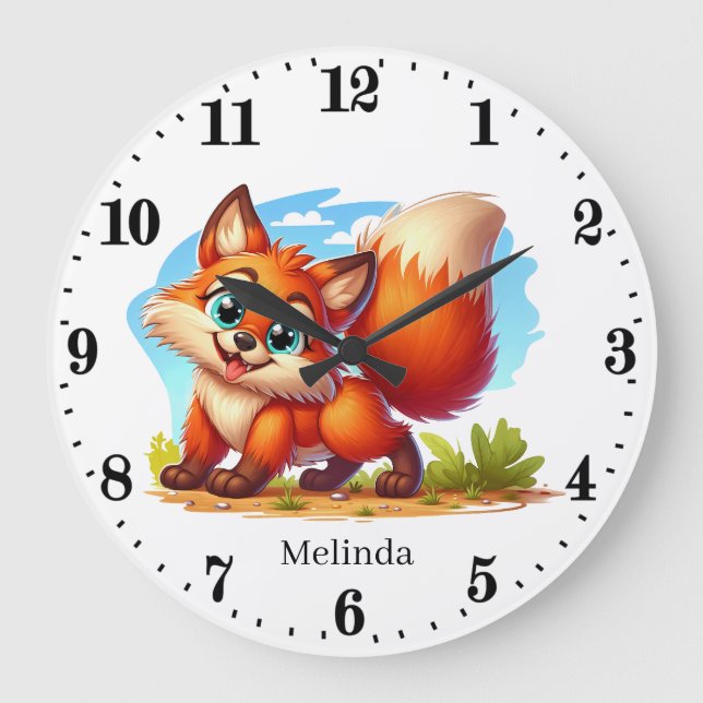 Cute unisex baby fox add name  large clock (Front)