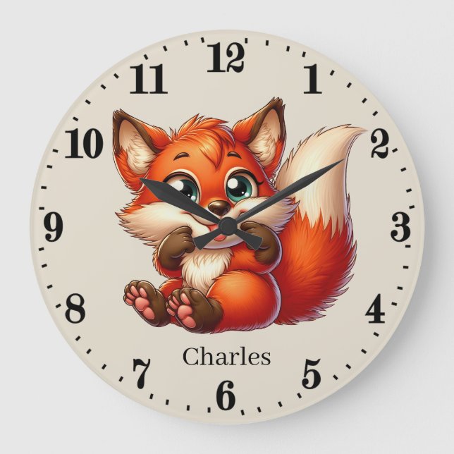 Cute unisex baby fox add name  large clock (Front)