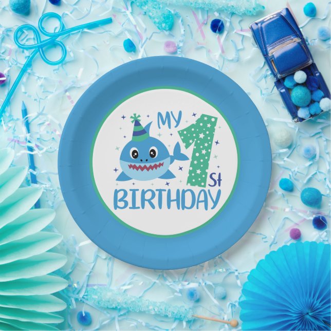 cute unisex baby shark First Birthday  Paper Plate (Party)