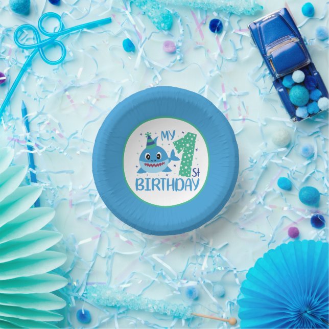 cute unisex baby shark First Birthday  Paper Plate (Party)