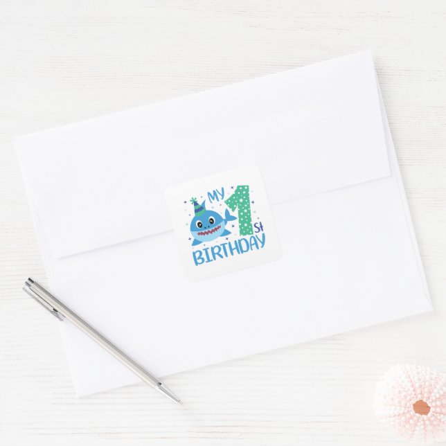cute unisex baby shark First Birthday  Square Sticker (Envelope)