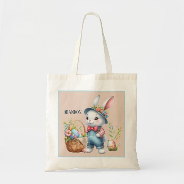 Cute unisex Easter bunny add name egg hunt  Tote Bag (Front)
