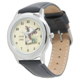Cute unisex kids peeking cow add name watch