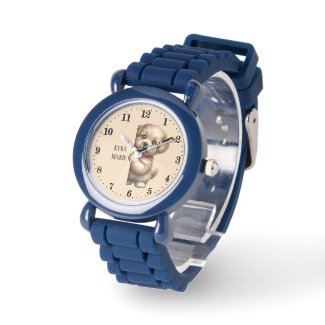 Cute unisex kids peeking puppy add name watch (Angle)