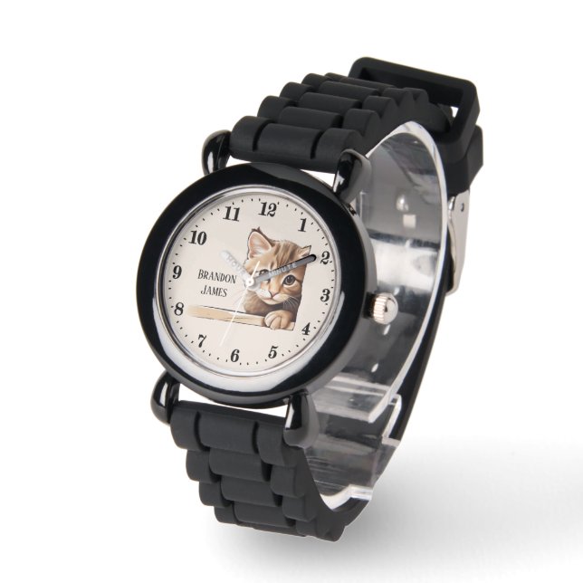 Cute unisex peeking cat kids add name watch (Angle)