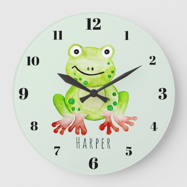 Cute Unisex Watercolor Jungle Green Frog Nursery Large Clock (Front)