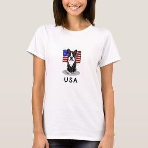 Cute USA American Flag Boston Terrier - (black) T-Shirt