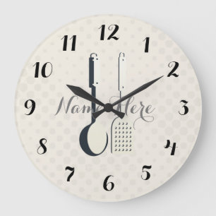 Cute Utensils Dots Add Name Kitchen Wall Clock