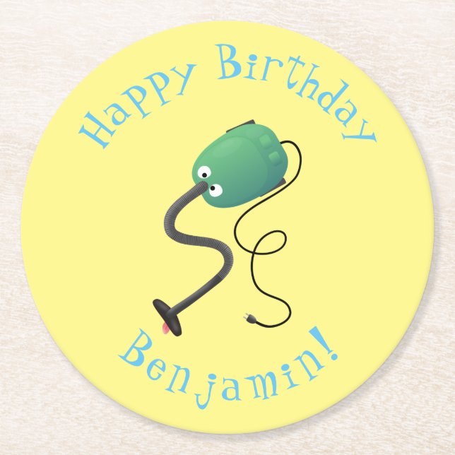 Cute vacuum cleaner cartoon humour round paper coaster (Front)