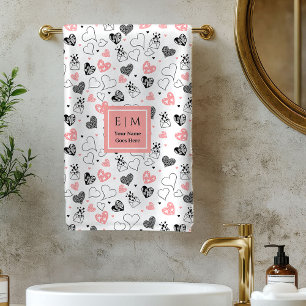 Cute Valentine Bath Towel Pink Black Love Text