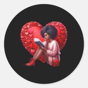 Cute Valentine Book Girl With Heart Reading Woman Classic Round Sticker
