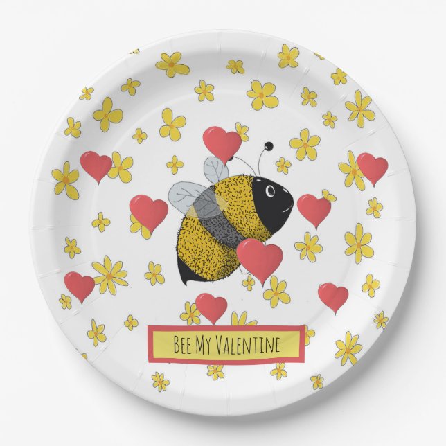 Cute Valentine Bumblebee Daisy Pink Heart Paper Plate (Front)