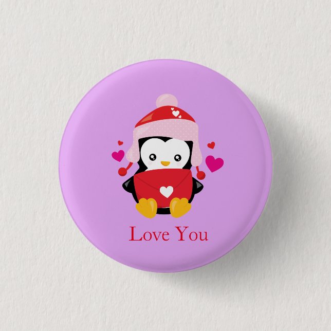 Cute Valentine Cartoon Penguin 1 Inch Round Button (Front)