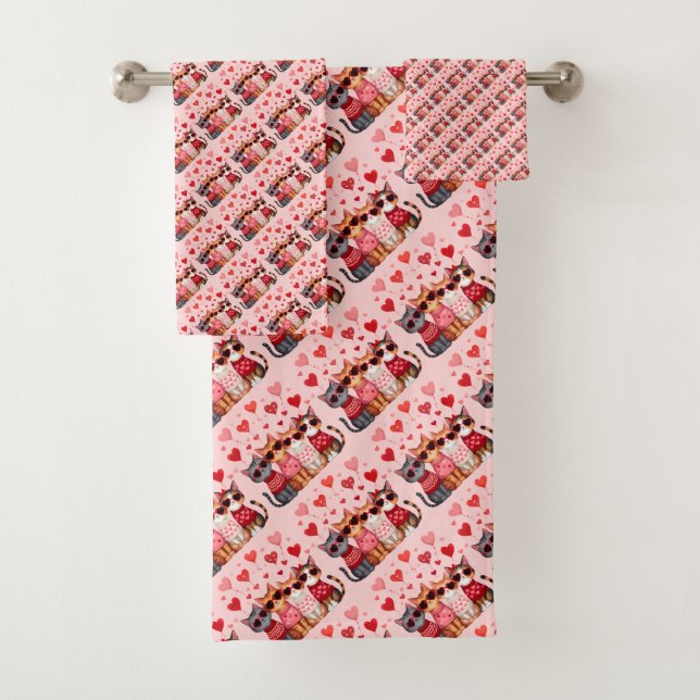 Cute Valentine Cats in Heart Sunglasses Bath Towel Set (Insitu)