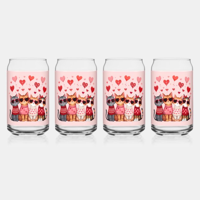 Cute Valentine Cats in Heart Sunglasses Can Glass (Front)