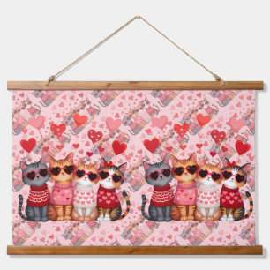 Cute Valentine Cats in Heart Sunglasses Hanging Tapestry