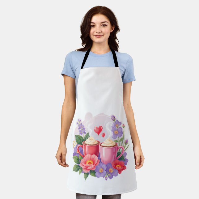 Cute Valentine Cocoa Mugs with Flowers & Hearts Apron (Worn)