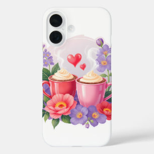 Cute Valentine Cocoa Mugs with Flowers & Hearts iPhone 16 Case