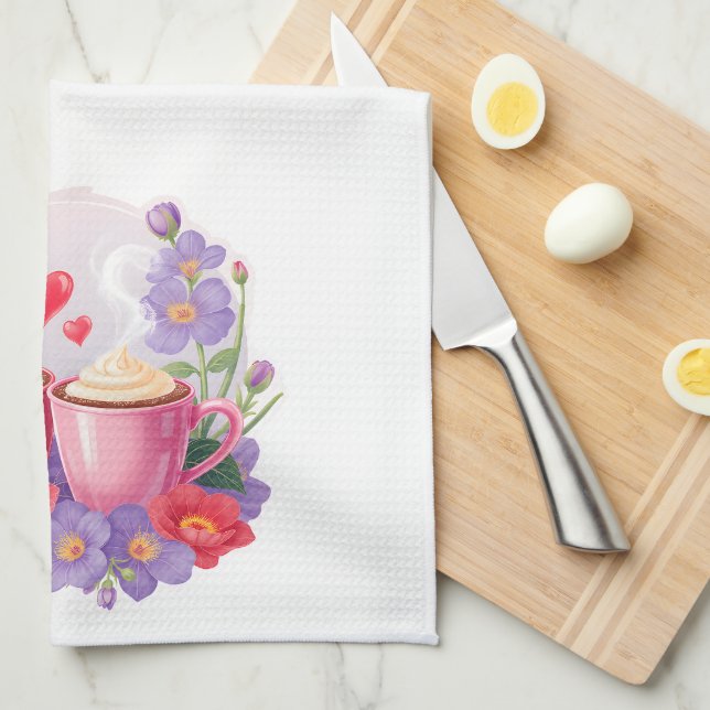 Cute Valentine Cocoa Mugs with Flowers & Hearts Kitchen Towel (Quarter Fold)