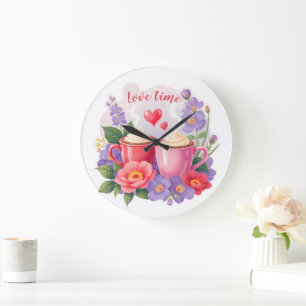 Cute Valentine Cocoa Mugs with Flowers & Hearts Large Clock
