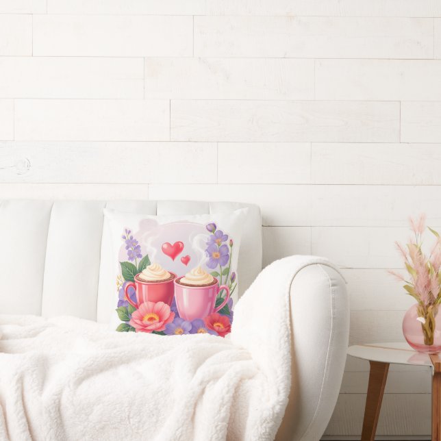 Cute Valentine Cocoa Mugs with Flowers & Hearts Throw Pillow (Couch)