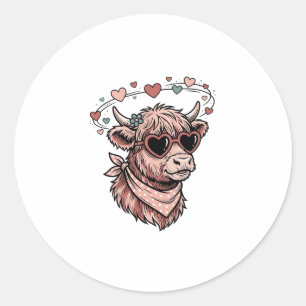 Cute Valentine Cow Vintage Engraving Heart Glasses Classic Round Sticker