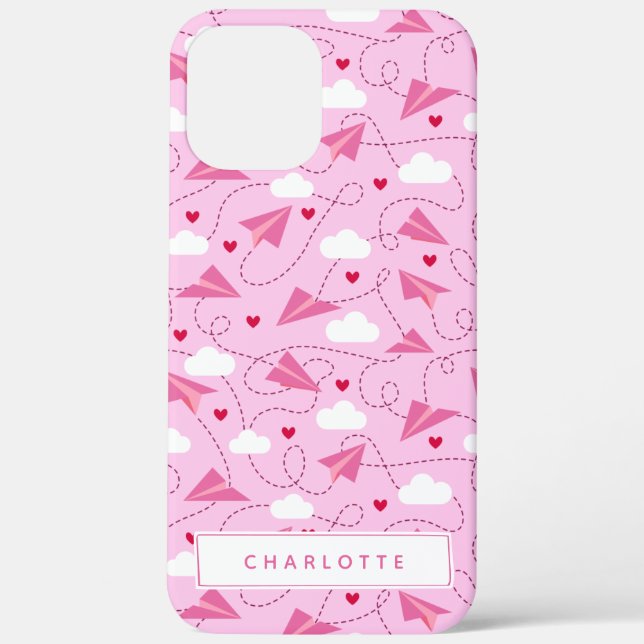Cute Valentine Flying Airplane Pink Hearts Name Case-Mate iPhone Case (Back)