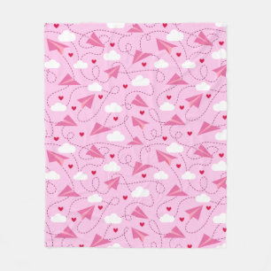 Cute Valentine Flying Airplane Red Pink Hearts Fleece Blanket