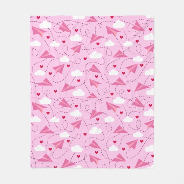 Cute Valentine Flying Airplane Red Pink Hearts Fleece Blanket (Front)