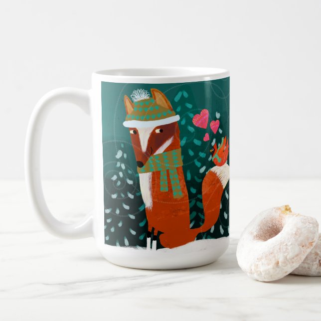 Cute Valentine Fox et Cardinal Heart Céramique Mug (Avec donut)