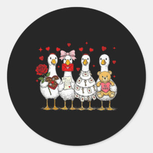 Cute Valentine Goose Friends With Hearts And Bear Classic Round Sticker
